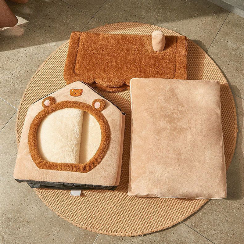 Contemporary Creative House-Shaped Bear Velvet Anti-Slip Dotted Fabric Dog Bed & Cat Bed For Bedroom Cuvalon
