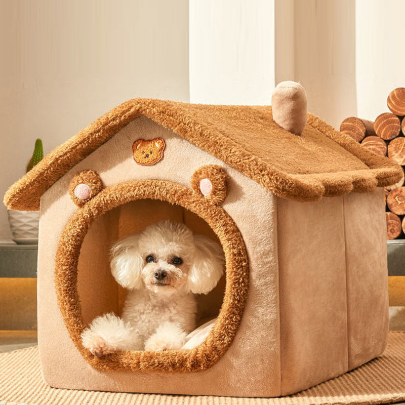 Contemporary Creative House-Shaped Bear Velvet Anti-Slip Dotted Fabric Dog Bed & Cat Bed For Bedroom Cuvalon