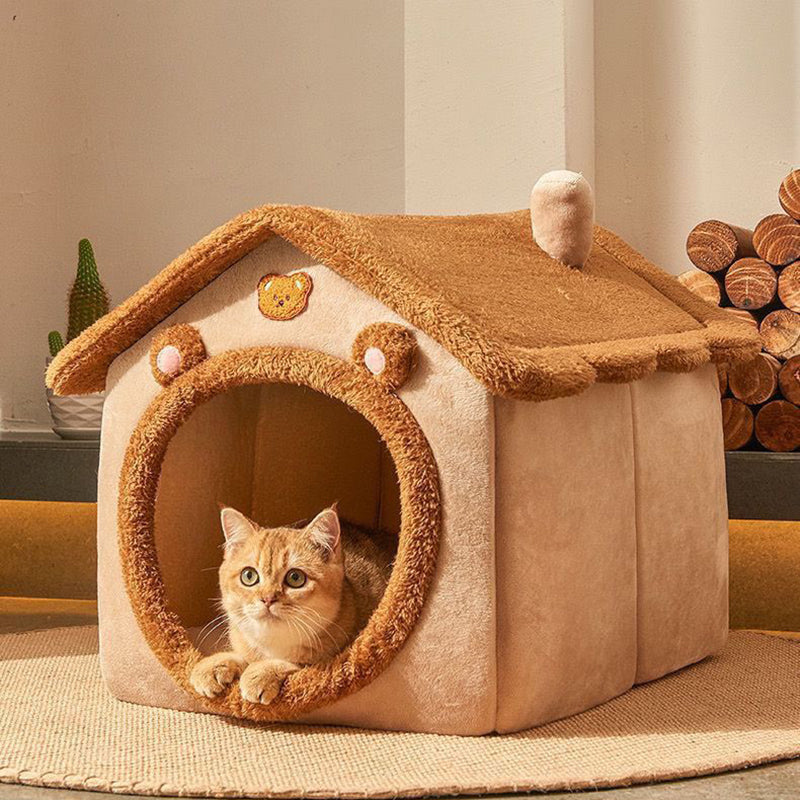Contemporary Creative House-Shaped Bear Velvet Anti-Slip Dotted Fabric Dog Bed & Cat Bed For Bedroom Cuvalon