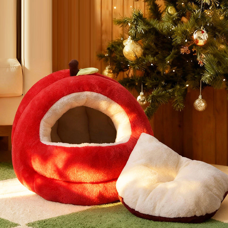 Contemporary Creative Spherical Apple-Shaped Velvet Anti-Slip Dotted Oxford Fabric Dog Bed & Cat Bed For Bedroom Cuvalon