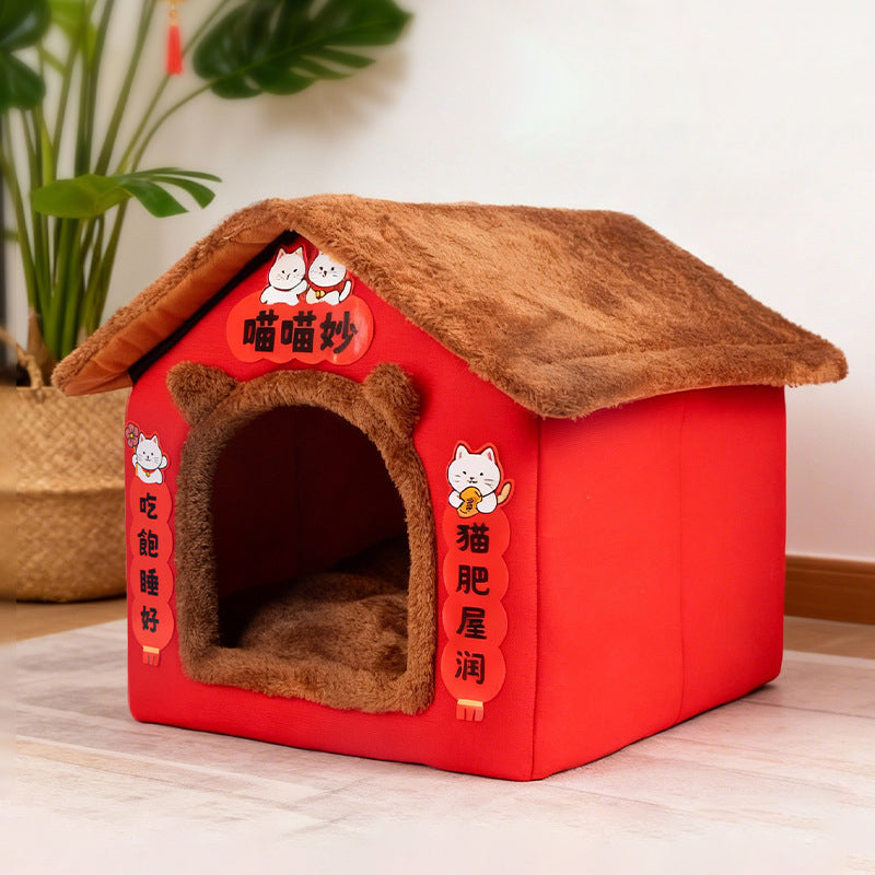 Contemporary Creative Rectangular House Cat Ear Arctic Fleece Anti-Slip Dotted Fabric Cat Bed For Bedroom Cuvalon