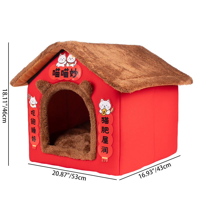 Contemporary Creative Rectangular House Cat Ear Arctic Fleece Anti-Slip Dotted Fabric Cat Bed For Bedroom Cuvalon