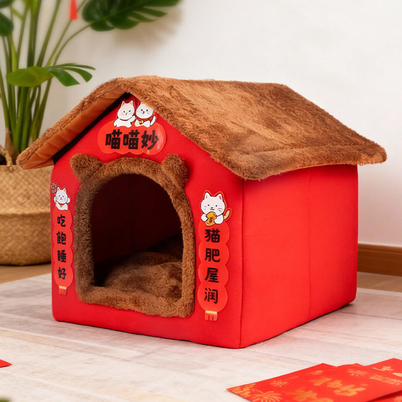 Contemporary Creative Rectangular House Cat Ear Arctic Fleece Anti-Slip Dotted Fabric Cat Bed For Bedroom Cuvalon