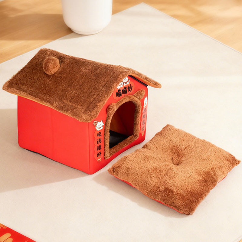 Contemporary Creative Rectangular House Cat Ear Arctic Fleece Anti-Slip Dotted Fabric Cat Bed For Bedroom Cuvalon
