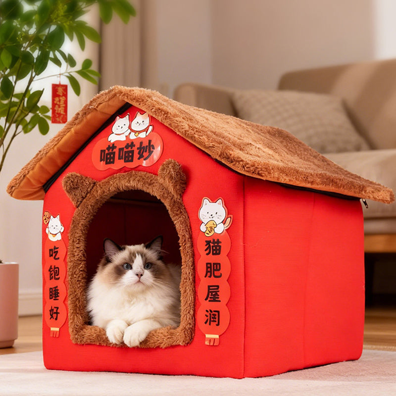 Contemporary Creative Rectangular House Cat Ear Arctic Fleece Anti-Slip Dotted Fabric Cat Bed For Bedroom Cuvalon