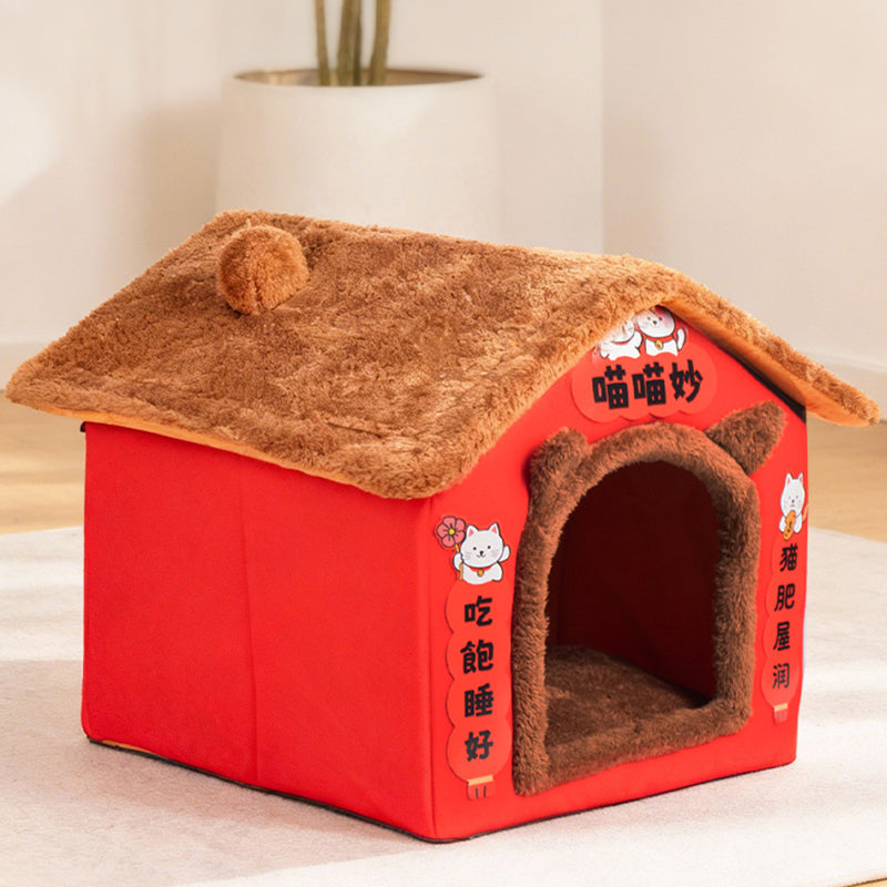 Contemporary Creative Rectangular House Cat Ear Arctic Fleece Anti-Slip Dotted Fabric Cat Bed For Bedroom Cuvalon