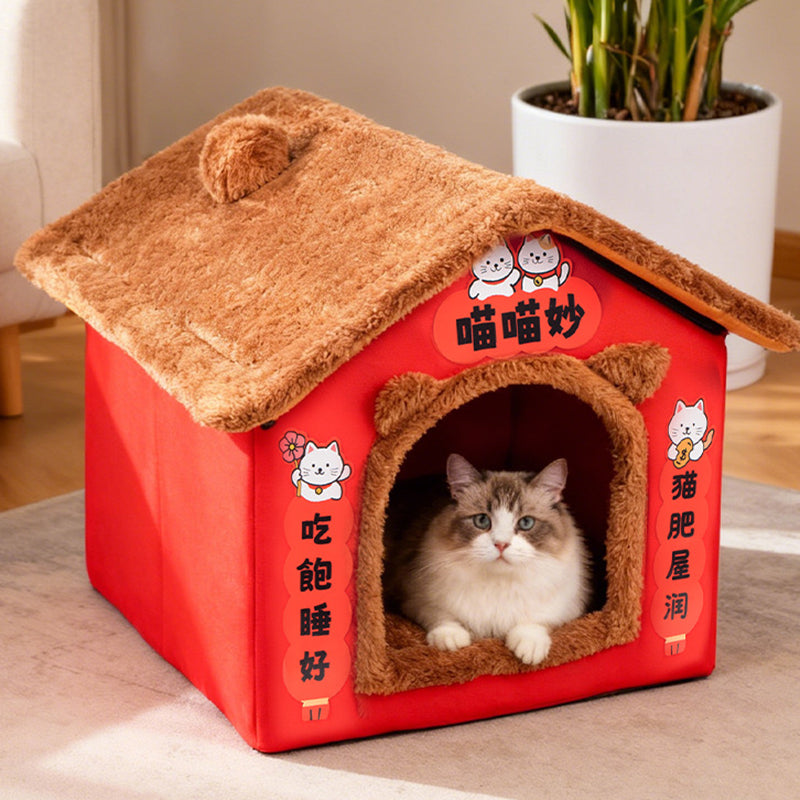 Contemporary Creative Rectangular House Cat Ear Arctic Fleece Anti-Slip Dotted Fabric Cat Bed For Bedroom Cuvalon