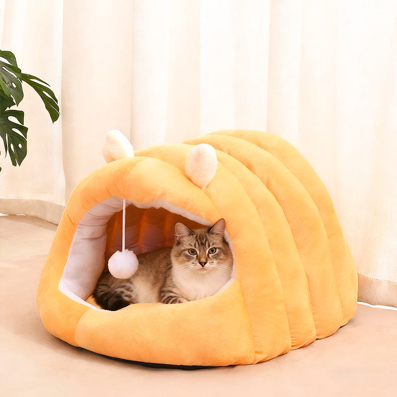 Modern Minimalist Cylindrical Caterpillar Design Velvet Anti-Slip Dotted Fabric Cat Bed Dog Bed With Toy Ball For Bedroom Cuvalon