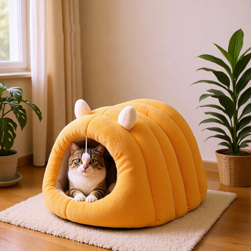 Modern Minimalist Cylindrical Caterpillar Design Velvet Anti-Slip Dotted Fabric Cat Bed Dog Bed With Toy Ball For Bedroom Cuvalon