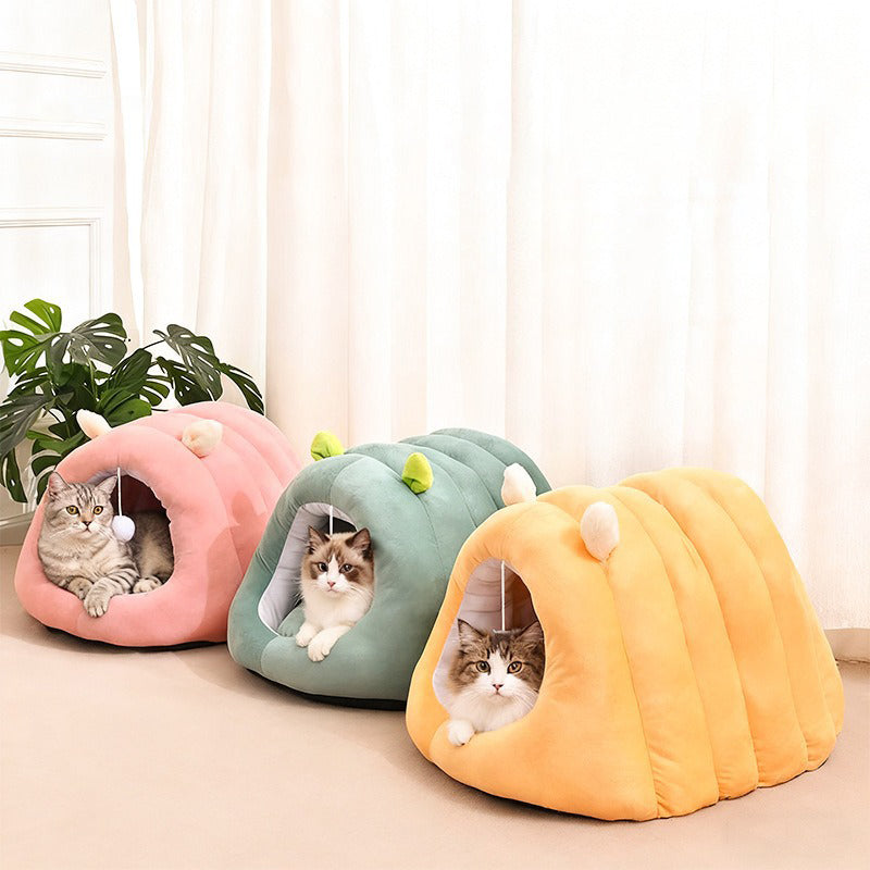 Modern Minimalist Cylindrical Caterpillar Design Velvet Anti-Slip Dotted Fabric Cat Bed Dog Bed With Toy Ball For Bedroom Cuvalon
