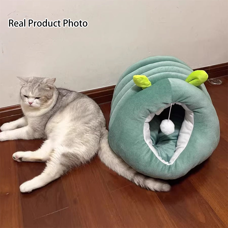 Modern Minimalist Cylindrical Caterpillar Design Velvet Anti-Slip Dotted Fabric Cat Bed Dog Bed With Toy Ball For Bedroom Cuvalon