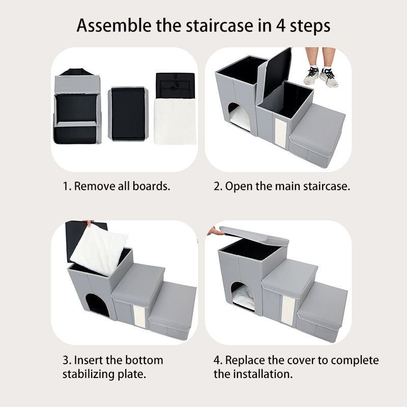 Modern Minimalist Rectangular Stair Steps Tech Fabric Medium Density Fiberboard Oxford Fabric Cat Bed Dog Bed 2-Storage For Bedroom Cuvalon