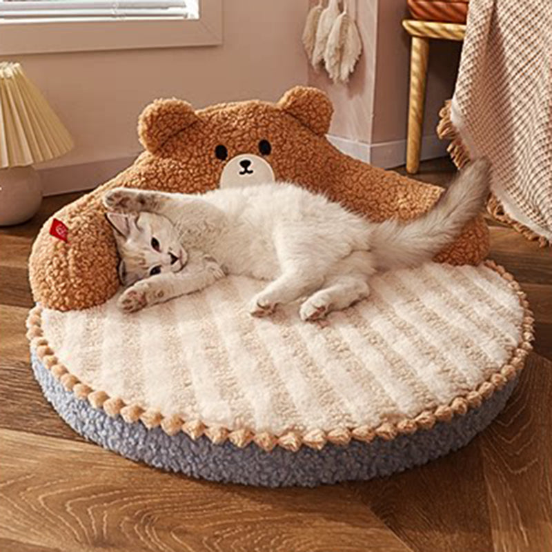 Contemporary Creative Round Bear Design Teddy Fleece Anti-Slip Dotted Oxford Fabric Hugging Cat Bed For Bedroom Cuvalon