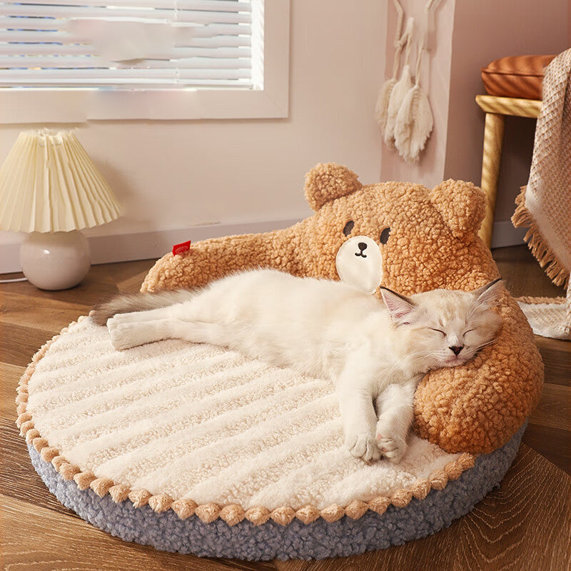 Contemporary Creative Round Bear Design Teddy Fleece Anti-Slip Dotted Oxford Fabric Hugging Cat Bed For Bedroom Cuvalon