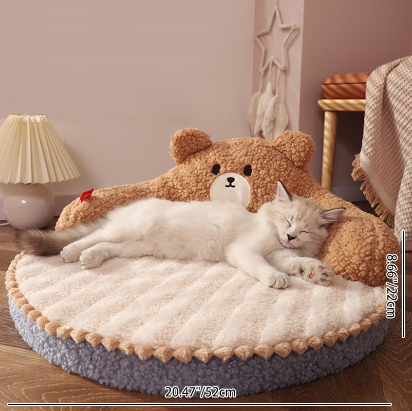 Contemporary Creative Round Bear Design Teddy Fleece Anti-Slip Dotted Oxford Fabric Hugging Cat Bed For Bedroom Cuvalon