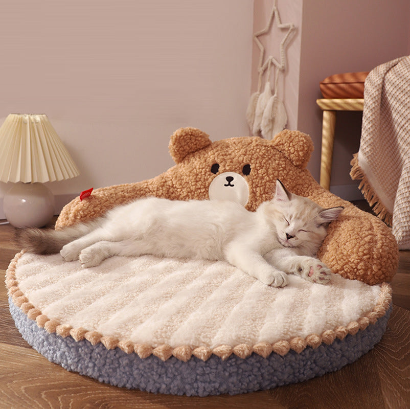 Contemporary Creative Round Bear Design Teddy Fleece Anti-Slip Dotted Oxford Fabric Hugging Cat Bed For Bedroom Cuvalon