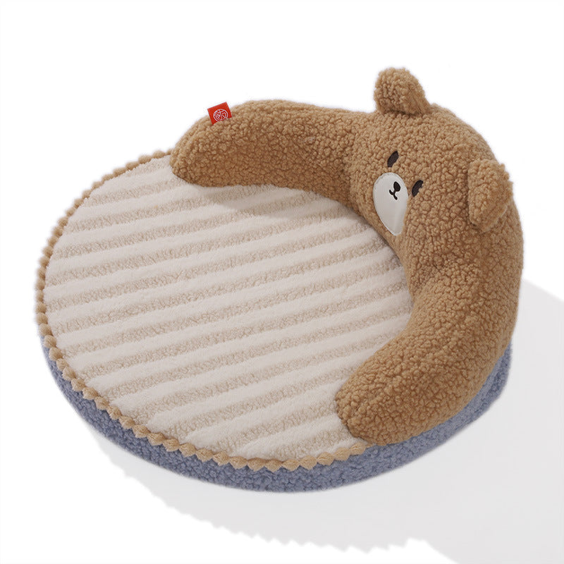 Contemporary Creative Round Bear Design Teddy Fleece Anti-Slip Dotted Oxford Fabric Hugging Cat Bed For Bedroom Cuvalon
