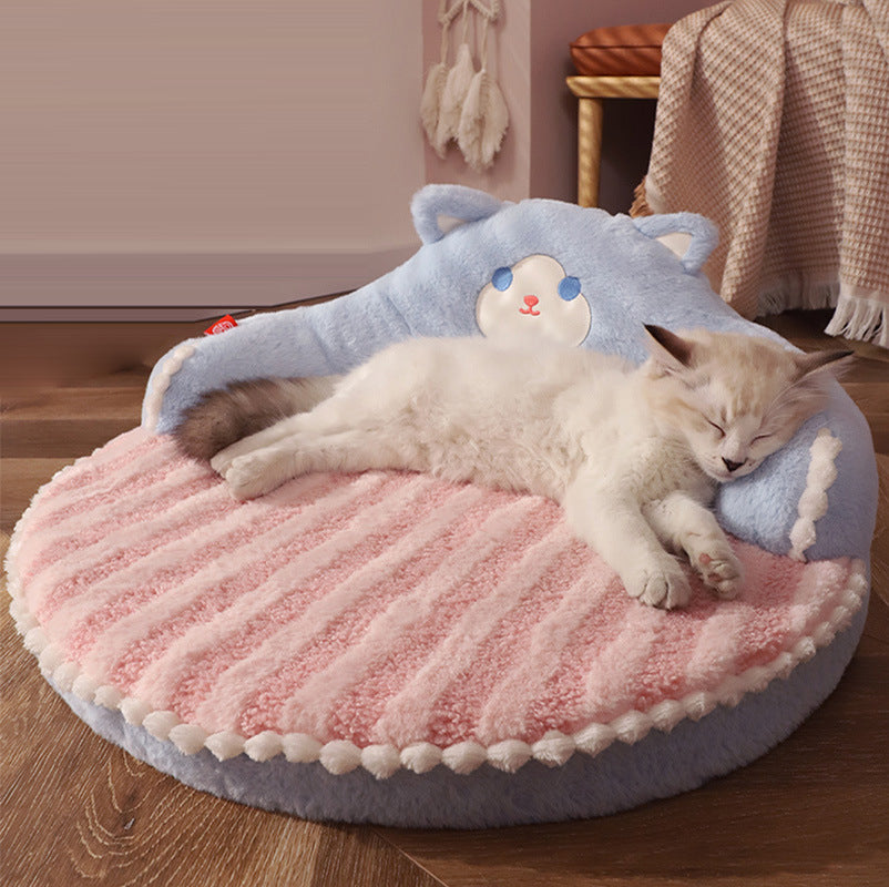 Contemporary Creative Round Bear Design Teddy Fleece Anti-Slip Dotted Oxford Fabric Hugging Cat Bed For Bedroom Cuvalon