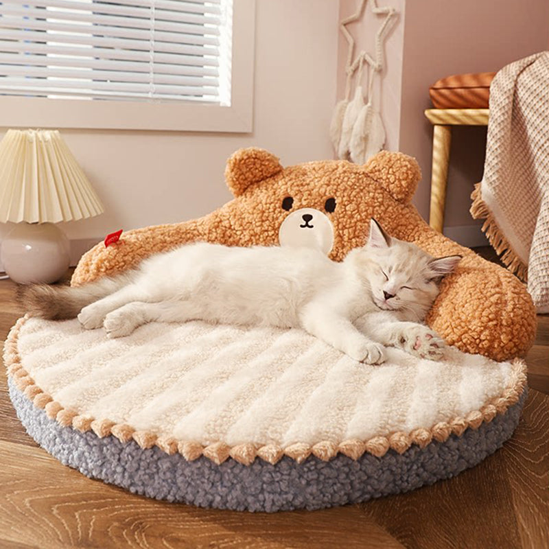 Contemporary Creative Round Bear Design Teddy Fleece Anti-Slip Dotted Oxford Fabric Hugging Cat Bed For Bedroom Cuvalon