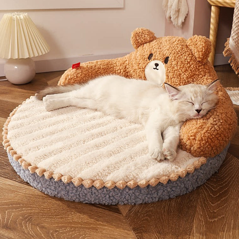 Contemporary Creative Round Bear Design Teddy Fleece Anti-Slip Dotted Oxford Fabric Hugging Cat Bed For Bedroom Cuvalon