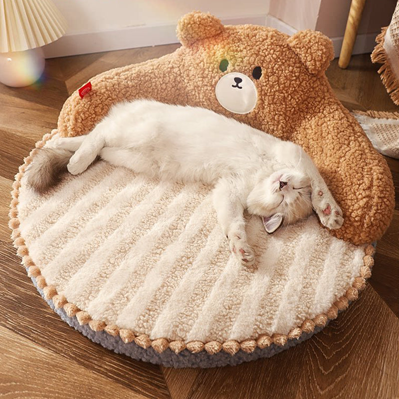Contemporary Creative Round Bear Design Teddy Fleece Anti-Slip Dotted Oxford Fabric Hugging Cat Bed For Bedroom Cuvalon