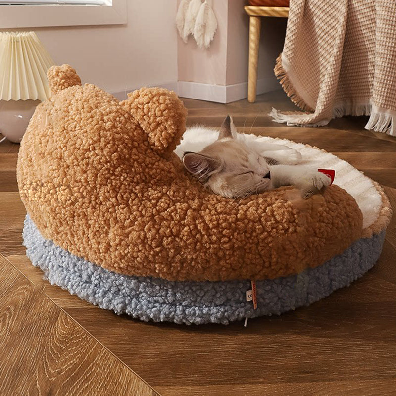 Contemporary Creative Round Bear Design Teddy Fleece Anti-Slip Dotted Oxford Fabric Hugging Cat Bed For Bedroom Cuvalon