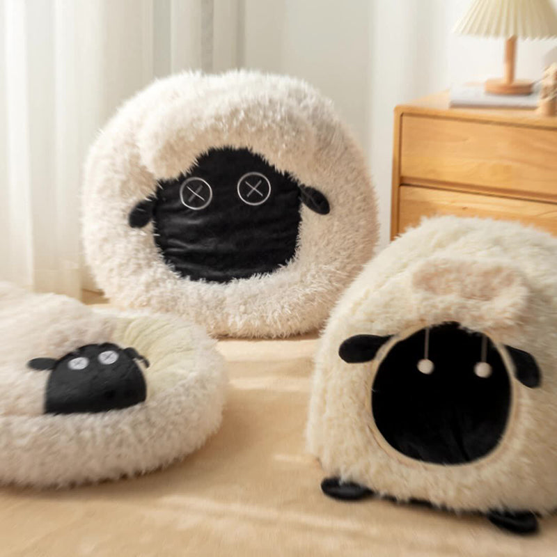 Contemporary Creative Round Lamb Design Plush Anti-Slip Dotted Fabric Cat Bed With Toy Ball For Bedroom Cuvalon
