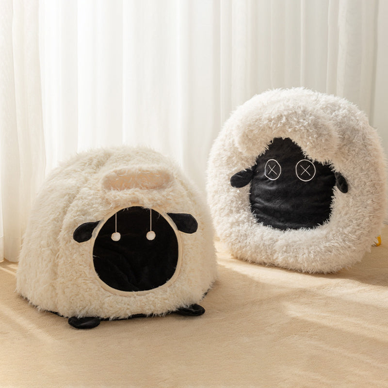 Contemporary Creative Round Lamb Design Plush Anti-Slip Dotted Fabric Cat Bed With Toy Ball For Bedroom Cuvalon