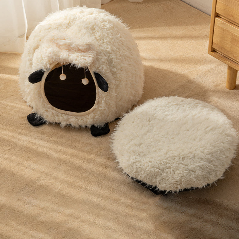 Contemporary Creative Round Lamb Design Plush Anti-Slip Dotted Fabric Cat Bed With Toy Ball For Bedroom Cuvalon