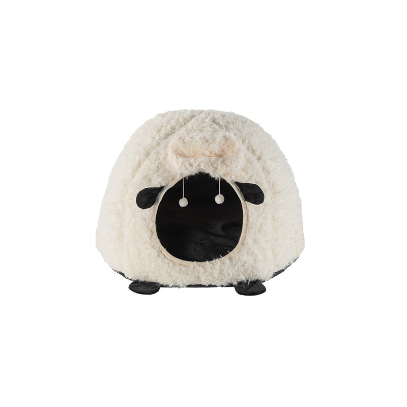 Contemporary Creative Round Lamb Design Plush Anti-Slip Dotted Fabric Cat Bed With Toy Ball For Bedroom Cuvalon