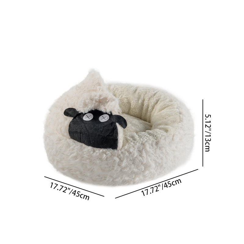 Contemporary Creative Round Lamb Design Plush Anti-Slip Dotted Fabric Cat Bed With Toy Ball For Bedroom Cuvalon