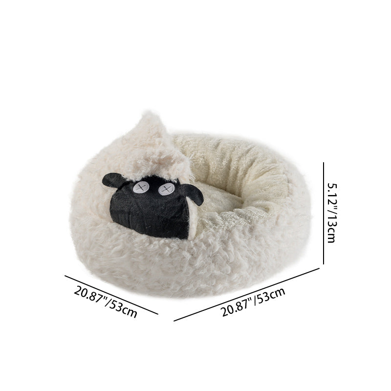 Contemporary Creative Round Lamb Design Plush Anti-Slip Dotted Fabric Cat Bed With Toy Ball For Bedroom Cuvalon