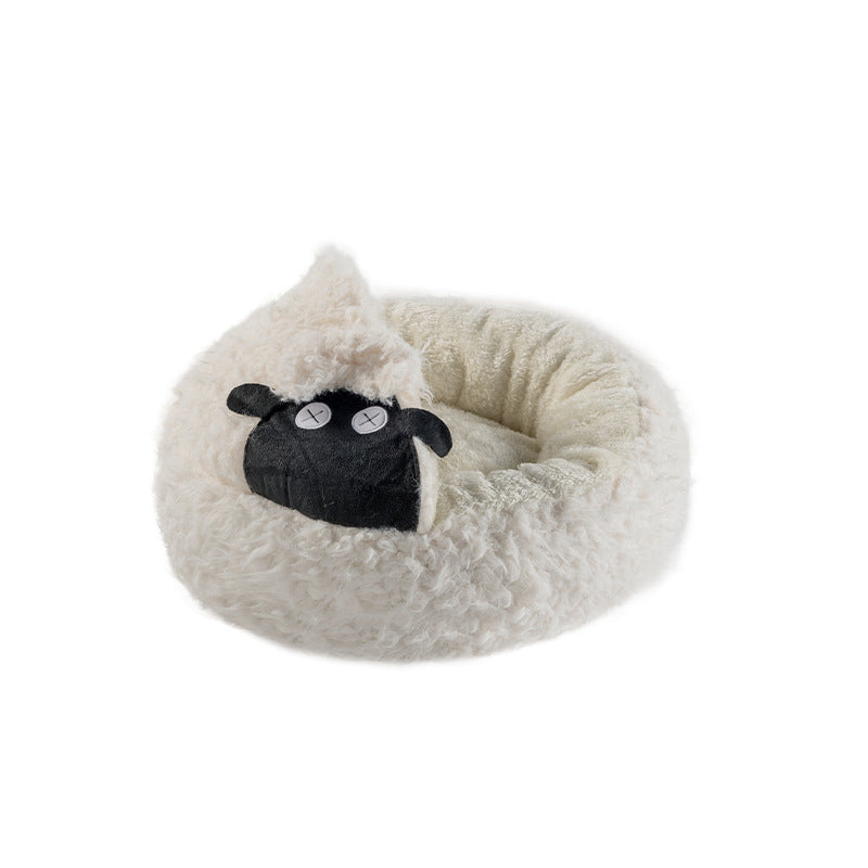 Contemporary Creative Round Lamb Design Plush Anti-Slip Dotted Fabric Cat Bed With Toy Ball For Bedroom Cuvalon