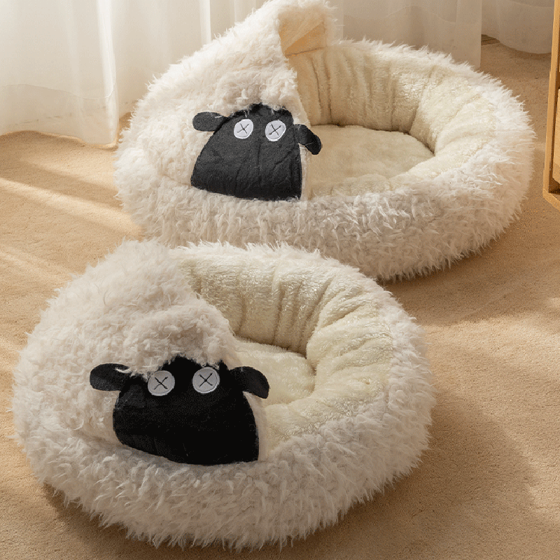Contemporary Creative Round Lamb Design Plush Anti-Slip Dotted Fabric Cat Bed With Toy Ball For Bedroom Cuvalon