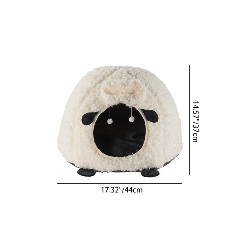 Contemporary Creative Round Lamb Design Plush Anti-Slip Dotted Fabric Cat Bed With Toy Ball For Bedroom Cuvalon