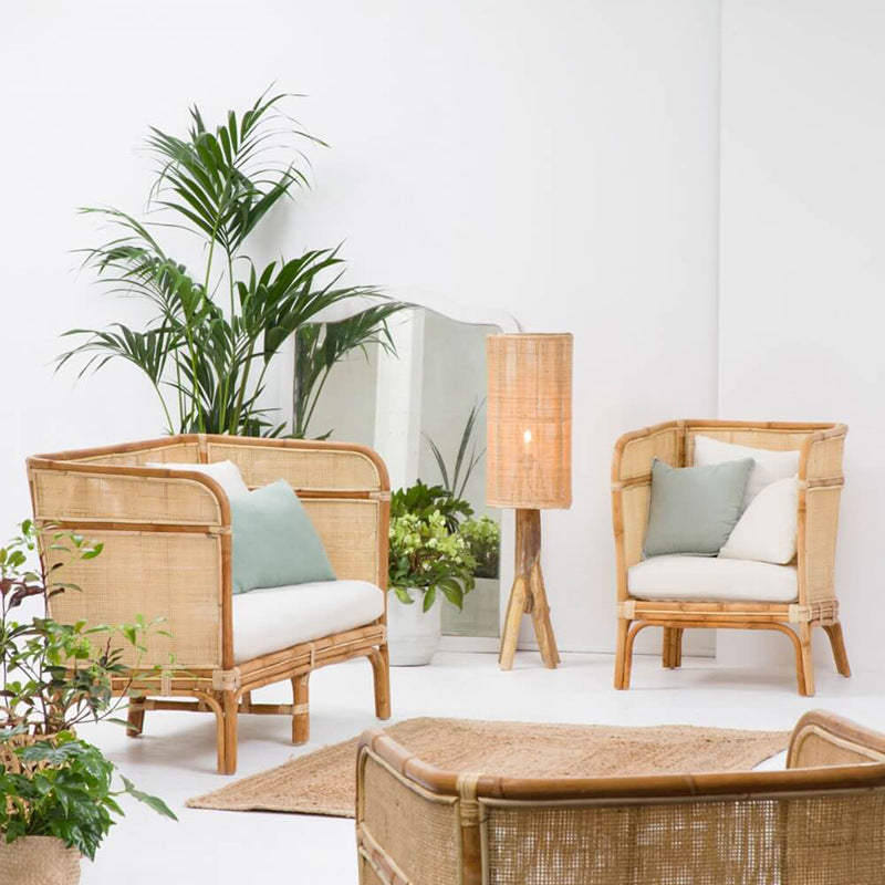 Traditional Chinese Backrest Armrest Sofa: Natural Indonesian Rattan & Handwoven - Waterproof Cushion Zen-Style Chair For Living Room Cuvalon