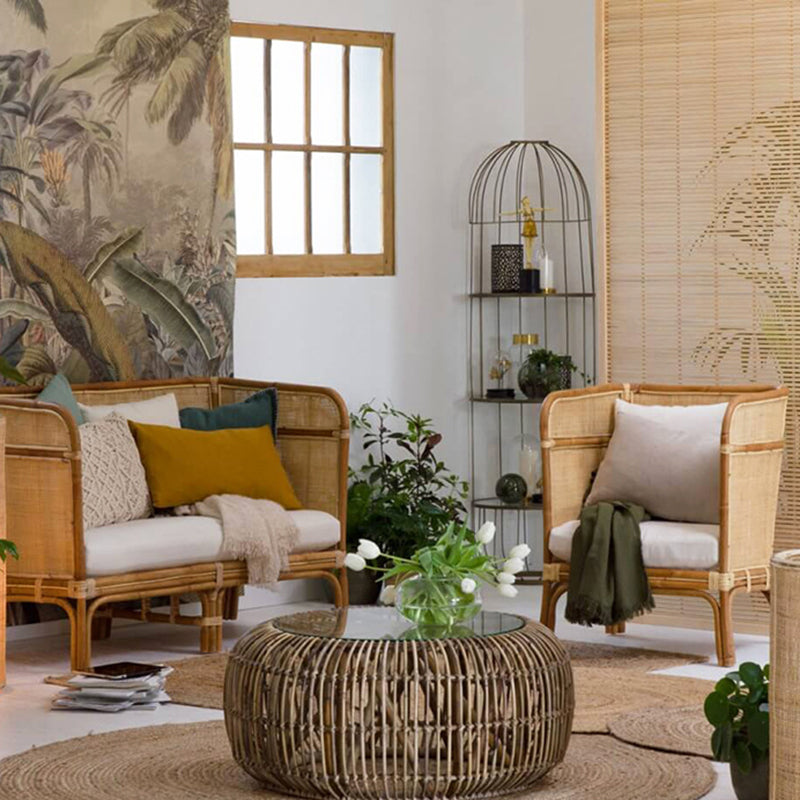 Traditional Chinese Backrest Armrest Sofa: Natural Indonesian Rattan & Handwoven - Waterproof Cushion Zen-Style Chair For Living Room Cuvalon