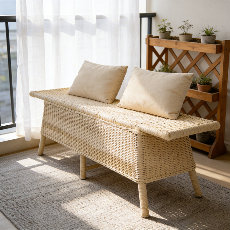 Contemporary Scandinavian Rectangular Bench: Natural Indonesian Rattan & Handwoven - Spacious Seat Shoe Bench For Living Room Cuvalon