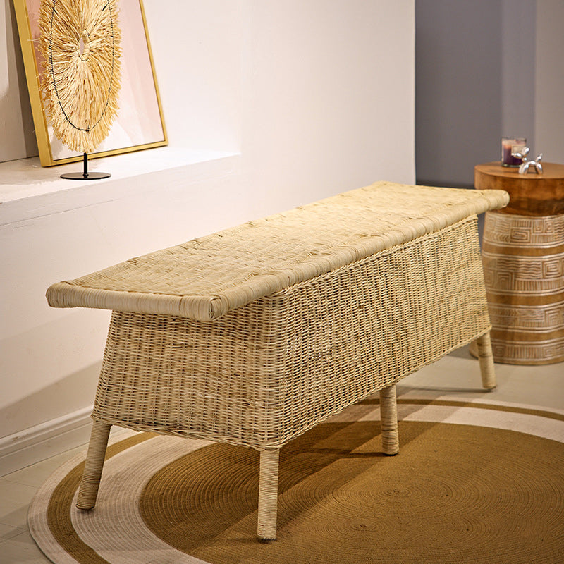 Contemporary Scandinavian Rectangular Bench: Natural Indonesian Rattan & Handwoven - Spacious Seat Shoe Bench For Living Room Cuvalon