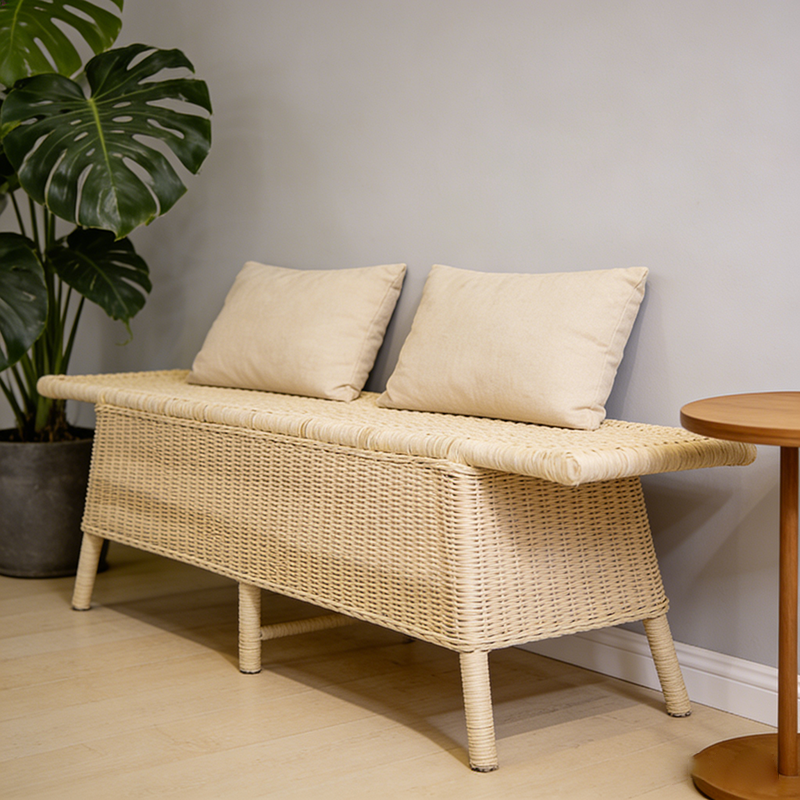 Contemporary Scandinavian Rectangular Bench: Natural Indonesian Rattan & Handwoven - Spacious Seat Shoe Bench For Living Room Cuvalon