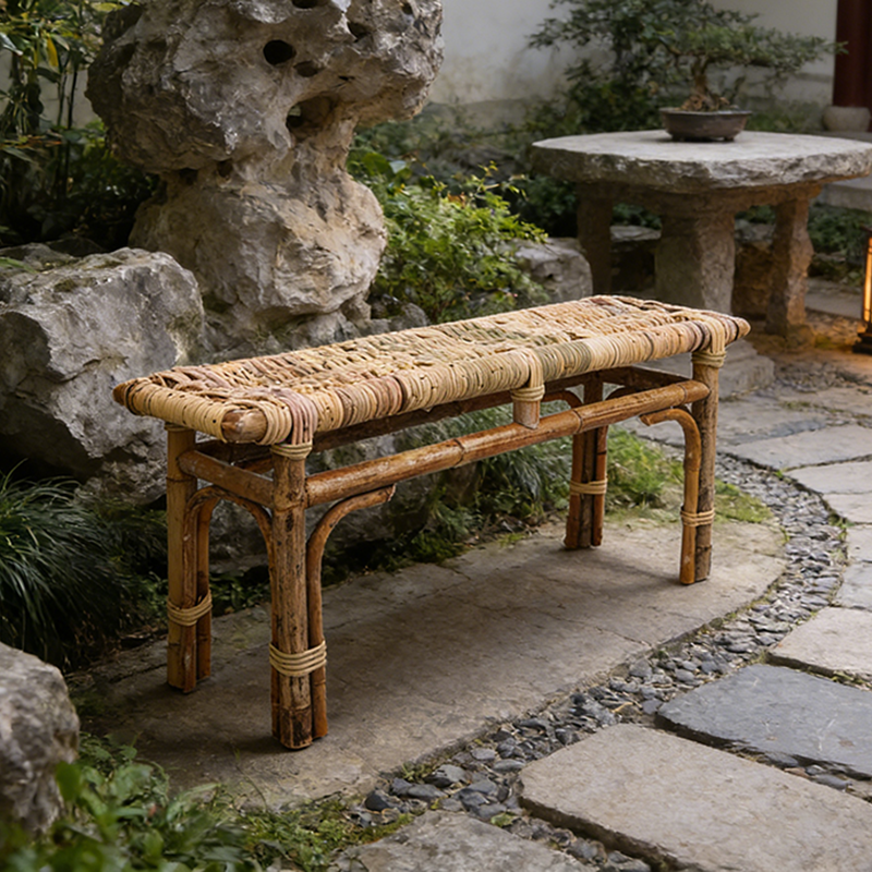 Modern Minimalist Bamboo Rattan Bench Solid Bamboo Frame & Woven Rattan: Sturdy, Lightweight, Eco-Friendly & Breathable Seating For Patio And Balcony Cuvalon