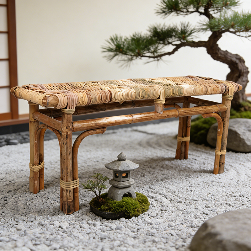 Modern Minimalist Bamboo Rattan Bench Solid Bamboo Frame & Woven Rattan: Sturdy, Lightweight, Eco-Friendly & Breathable Seating For Patio And Balcony Cuvalon