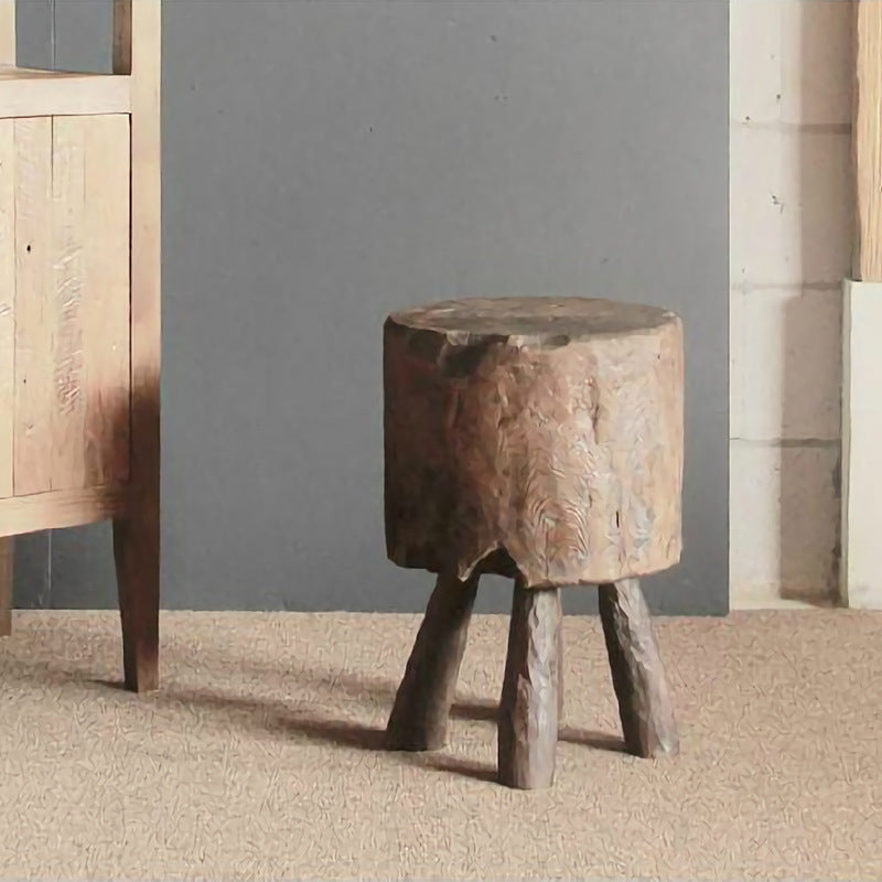 Rustic Round Solid Wood Stool - Vintage Hand-Carved Side Table: Heavy Duty, Natural Edge & Stable Flared Legs For Garden, Patio & Home Cuvalon