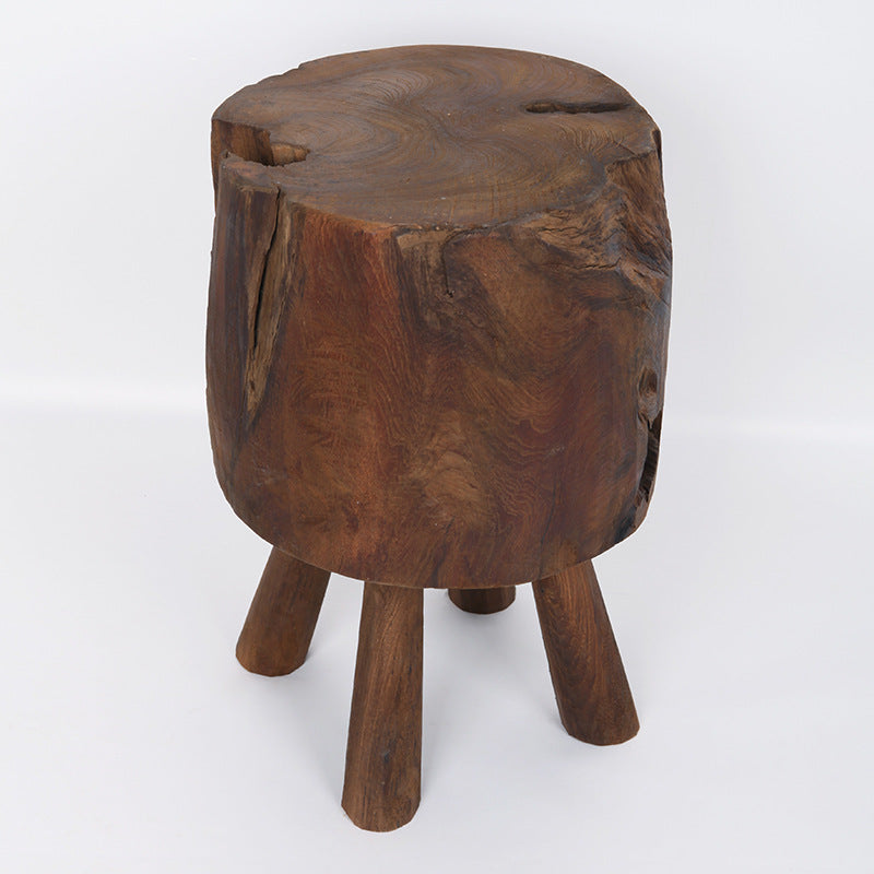 Rustic Round Solid Wood Stool - Vintage Hand-Carved Side Table: Heavy Duty, Natural Edge & Stable Flared Legs For Garden, Patio & Home Cuvalon