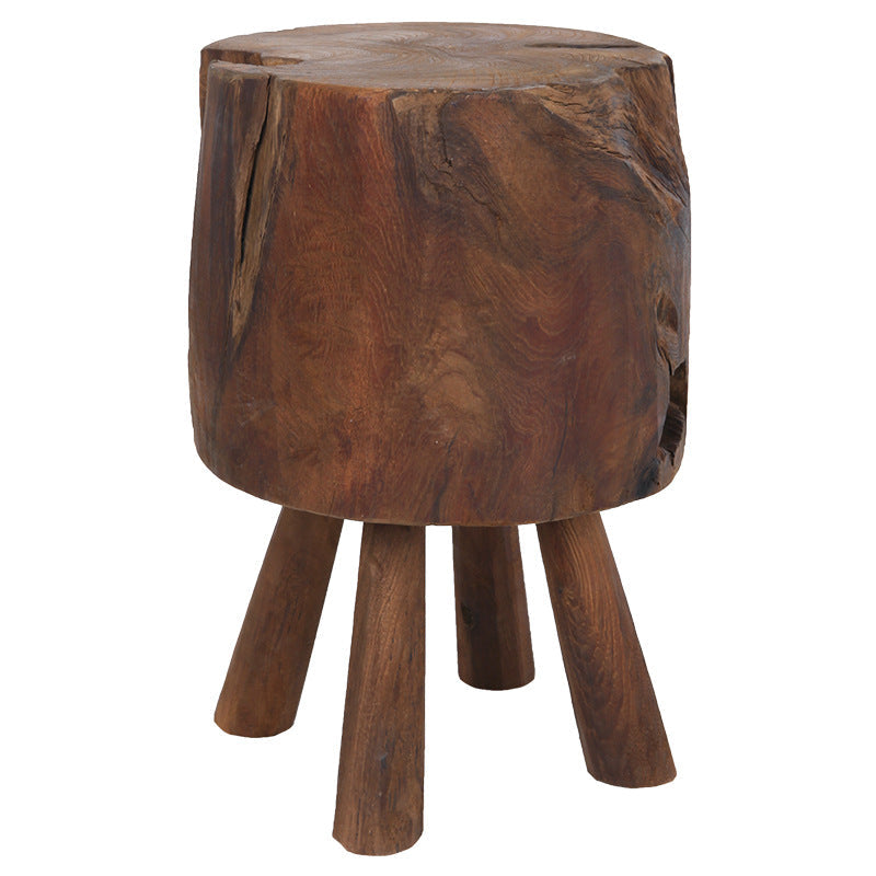 Rustic Round Solid Wood Stool - Vintage Hand-Carved Side Table: Heavy Duty, Natural Edge & Stable Flared Legs For Garden, Patio & Home Cuvalon