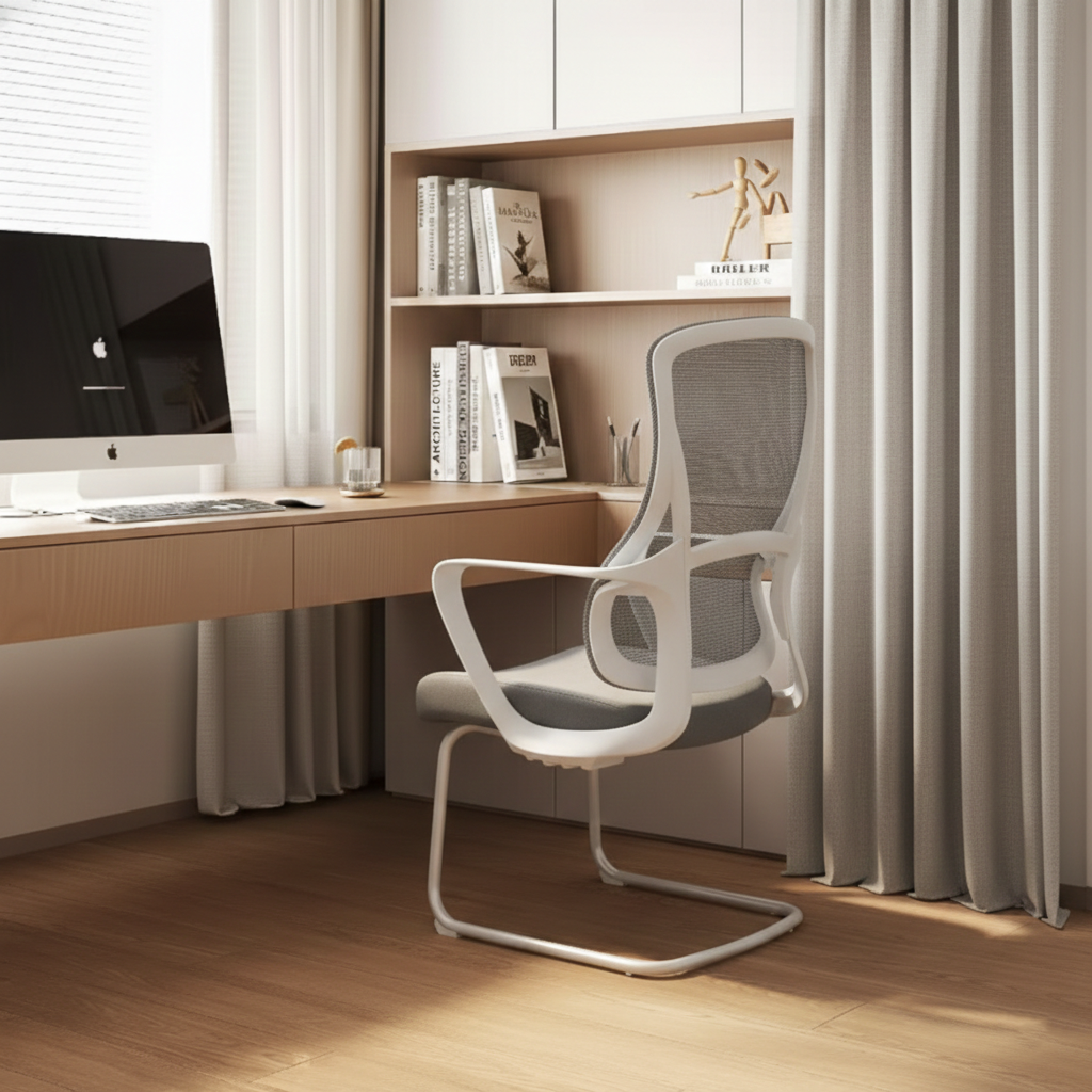 Modern Fixed Armrests Mesh Fabric Desk Chair - Minimalist Lumbar Support & Durable A3 Steel Frame For Home Office Cuvalon