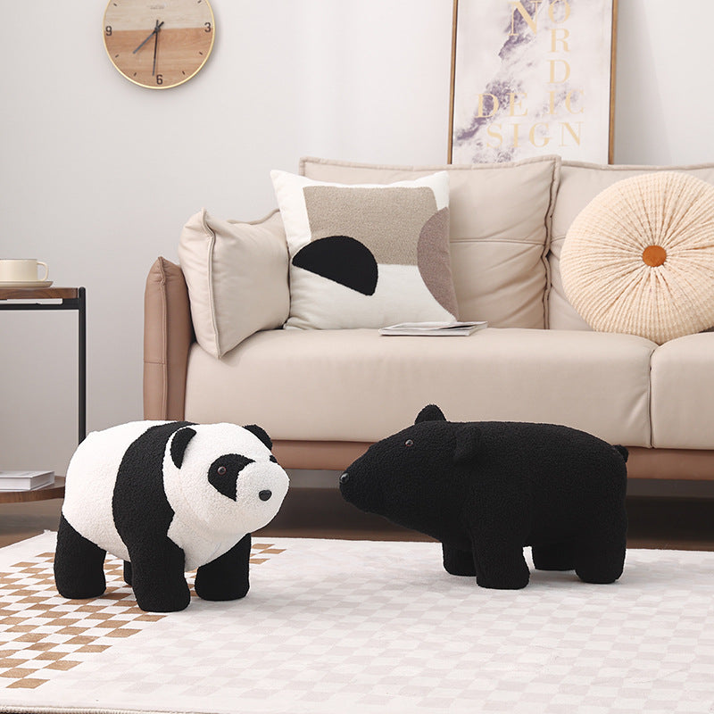 Contemporary Creative Kids Bear Shape Teddy Fleece Solid Wood Multi-layer Board Pine Wood Low Stool Backless Armless For Living Room Cuvalon