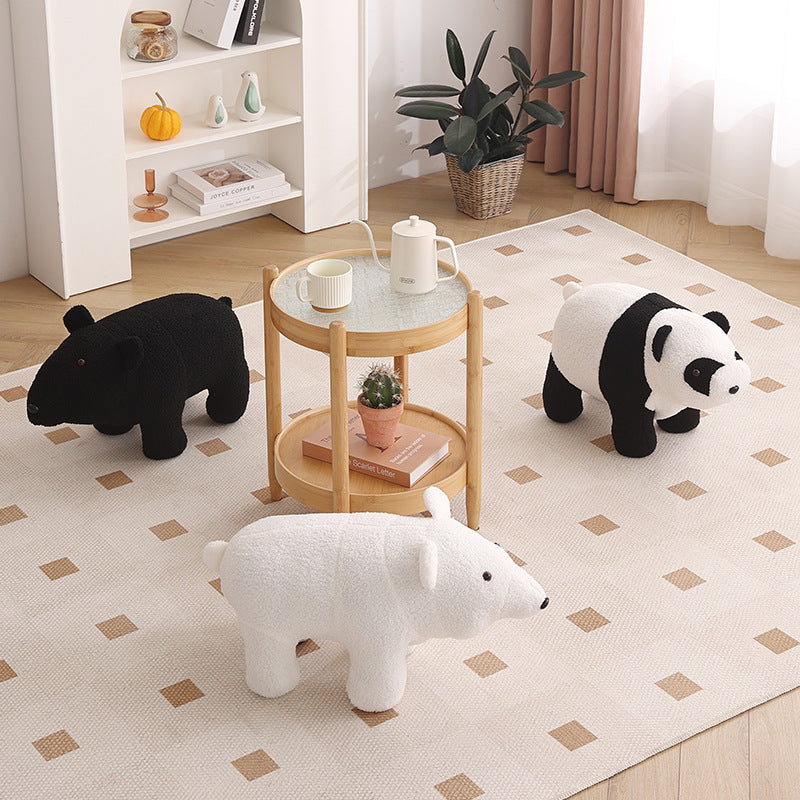 Contemporary Creative Kids Bear Shape Teddy Fleece Solid Wood Multi-layer Board Pine Wood Low Stool Backless Armless For Living Room Cuvalon