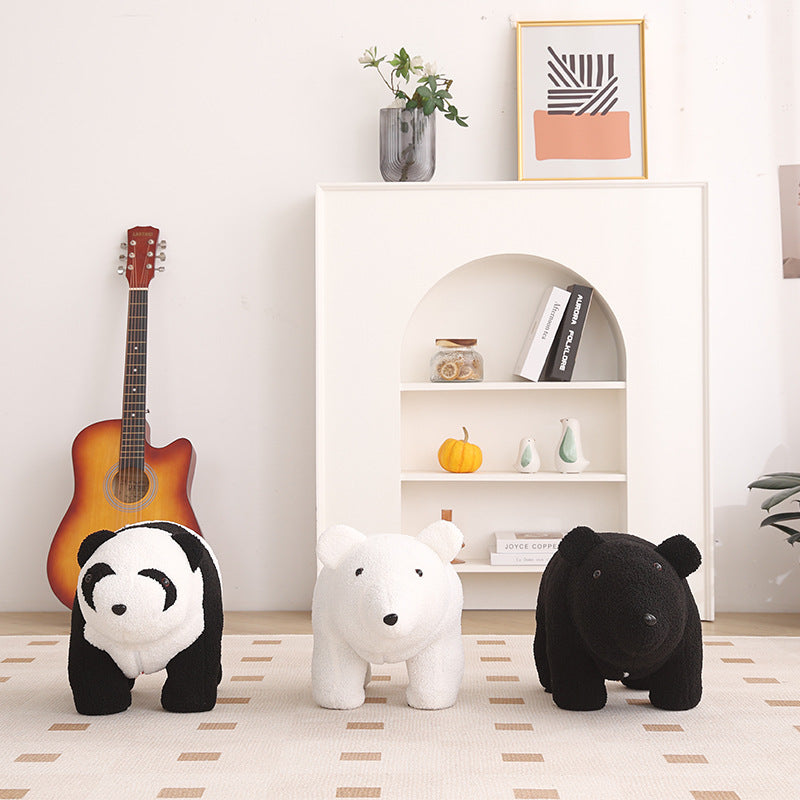 Contemporary Creative Kids Bear Shape Teddy Fleece Solid Wood Multi-layer Board Pine Wood Low Stool Backless Armless For Living Room Cuvalon