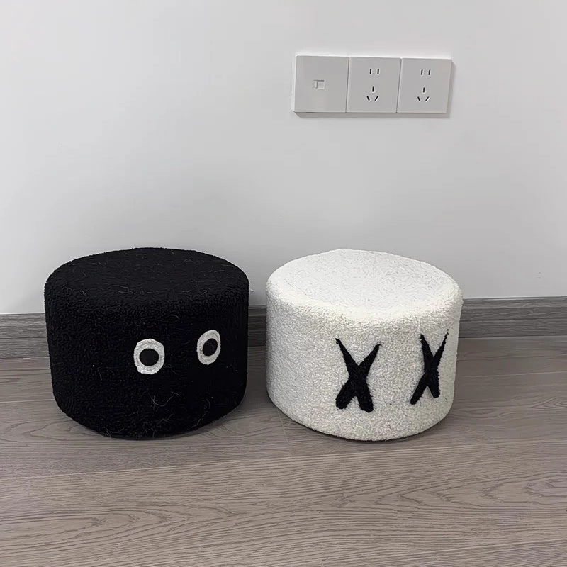 Contemporary Creative Kids Round Lamb Fleece Solid Wood Multi-layer Board Removable Washable Low Stool Backless Armless For Entryways Cuvalon